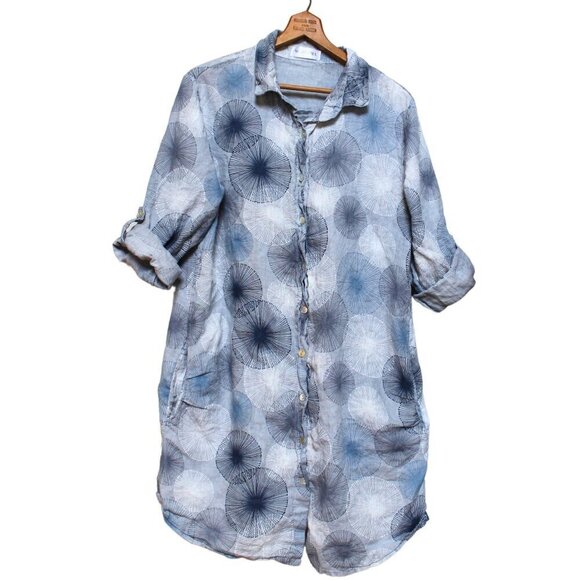 Marisima 100% Linen Shirt Dress Made in Italy One Size Blue Floral Coastal - Picture 1 of 6